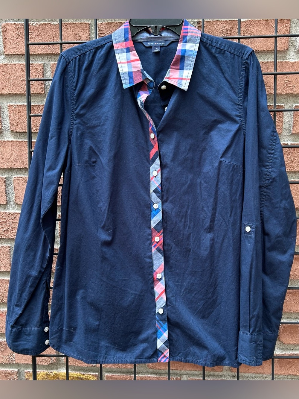 Tommy Hilfiger Navy Button-Down Shirt with Plaid Trim